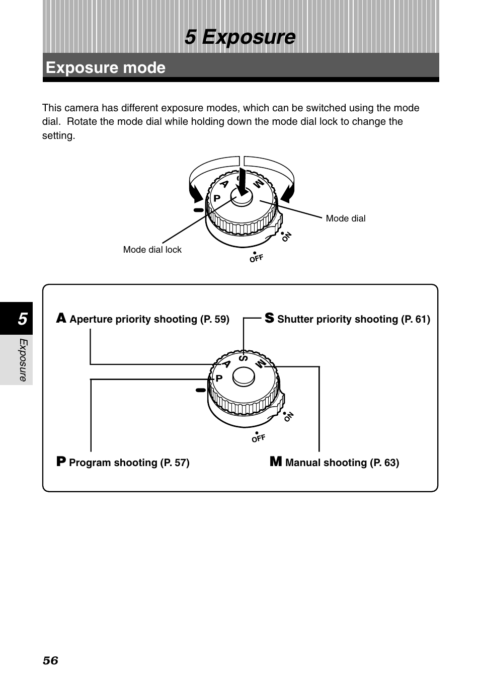 5 exposure, Exposure mode, Exposure | P. 56 | Olympus E-1 User Manual | Page 56 / 182