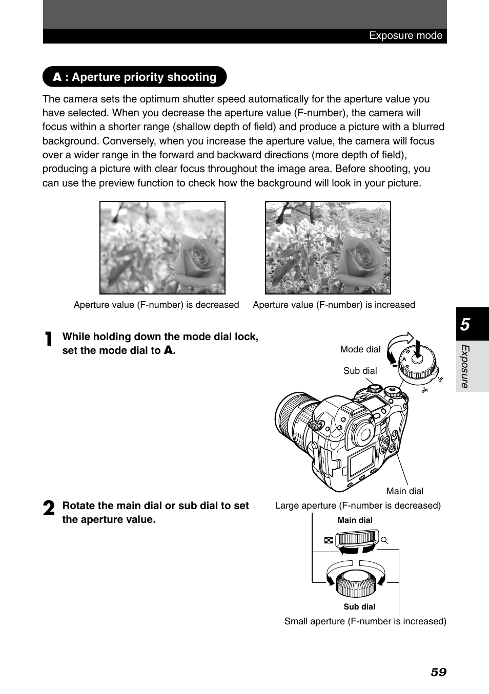 Aperture priority shooting | Olympus E-1 User Manual | Page 59 / 182