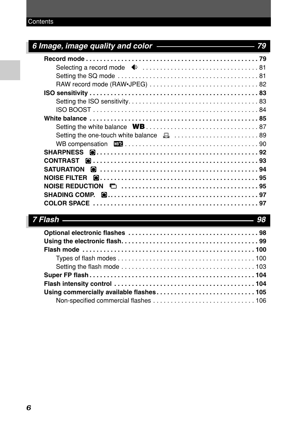 6 image, image quality and color 79, 7 flash 98 | Olympus E-1 User Manual | Page 6 / 182