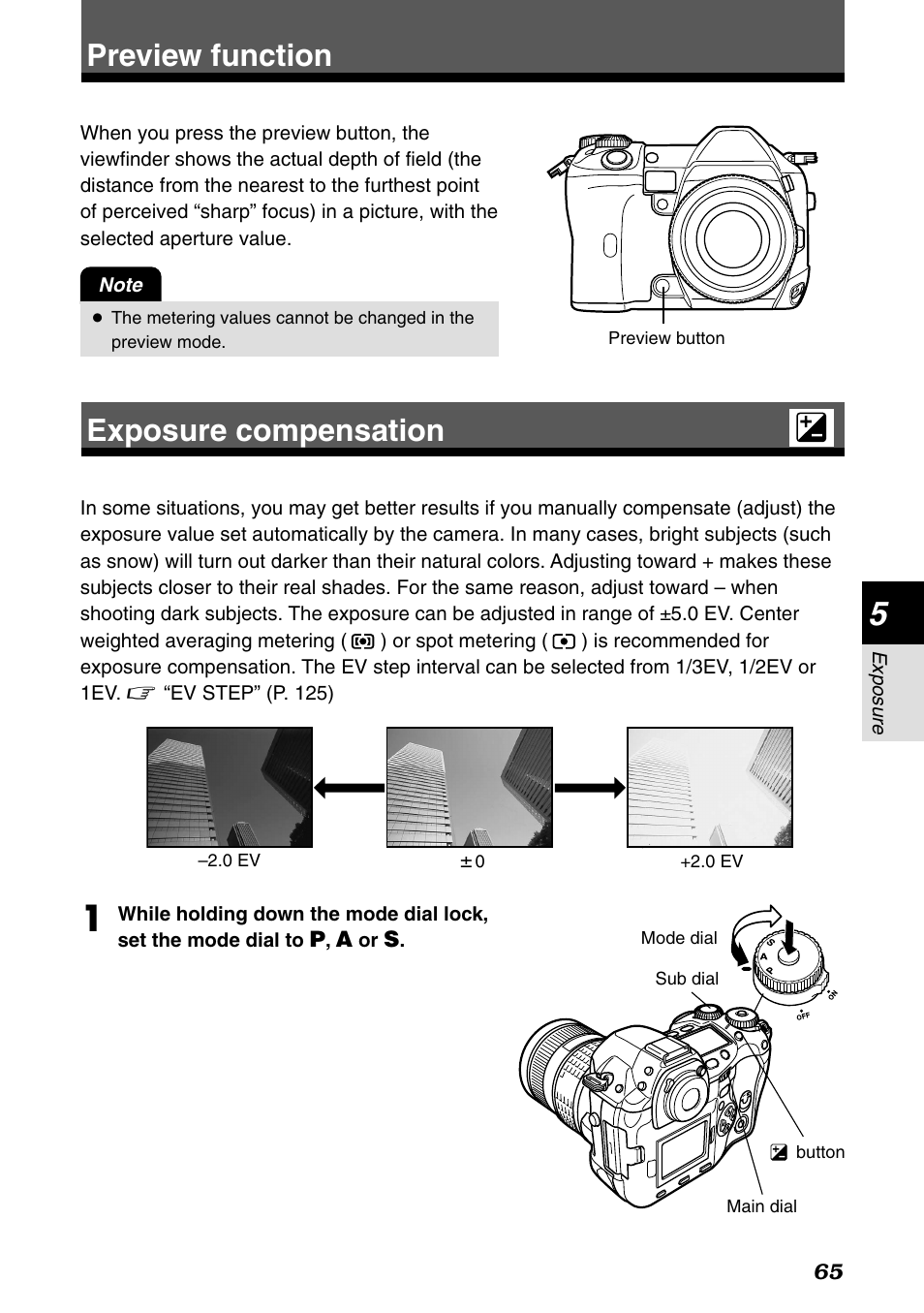 Preview function, Exposure compensation, Preview function exposure compensation | Olympus E-1 User Manual | Page 65 / 182