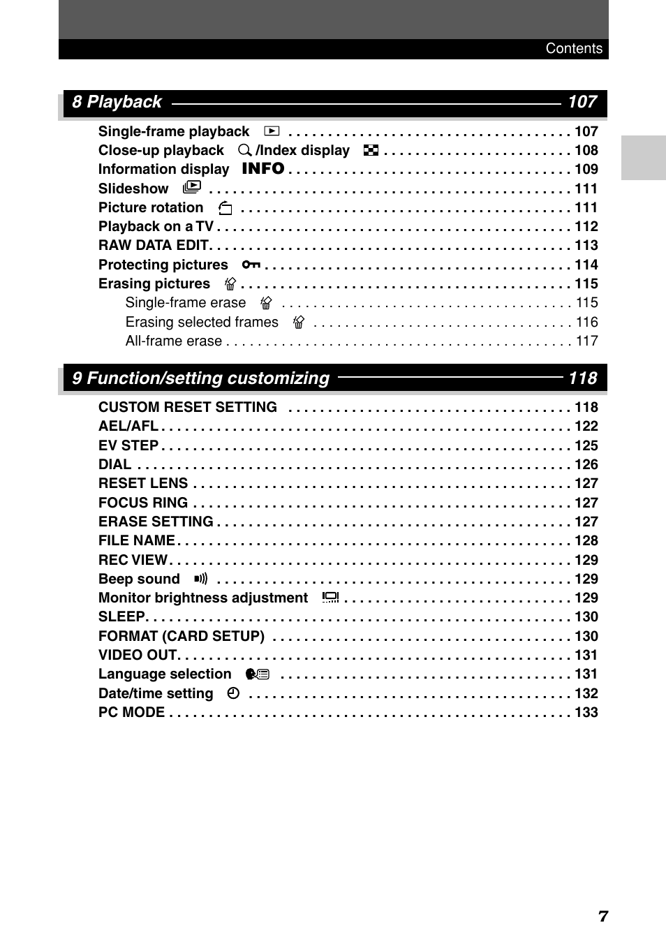 8 playback 107, 9 function/setting customizing 118 | Olympus E-1 User Manual | Page 7 / 182