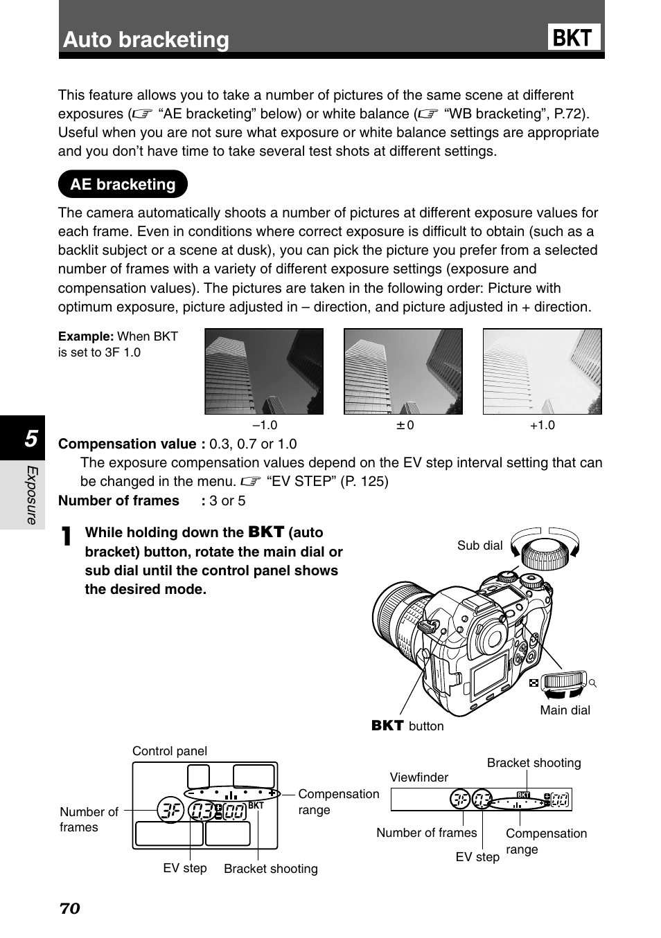 Auto bracketing, Ae bracketing | Olympus E-1 User Manual | Page 70 / 182