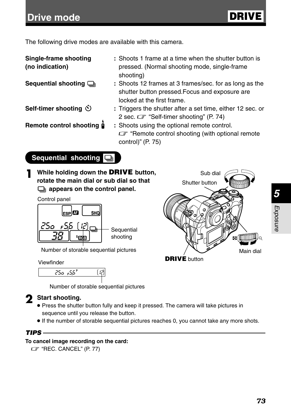 Drive mode, Drive, Sequential shooting | Olympus E-1 User Manual | Page 73 / 182