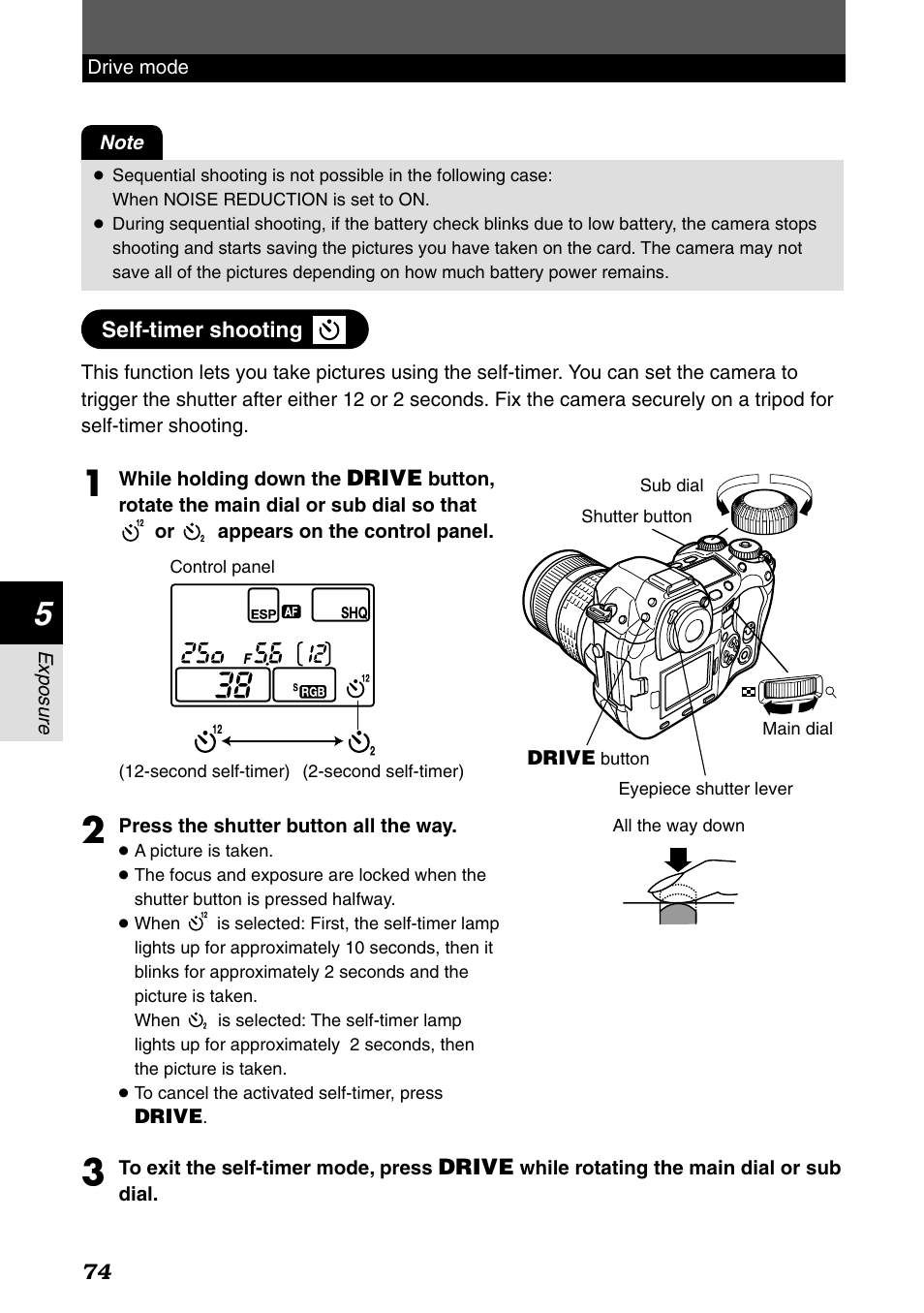 Self-timer shooting | Olympus E-1 User Manual | Page 74 / 182