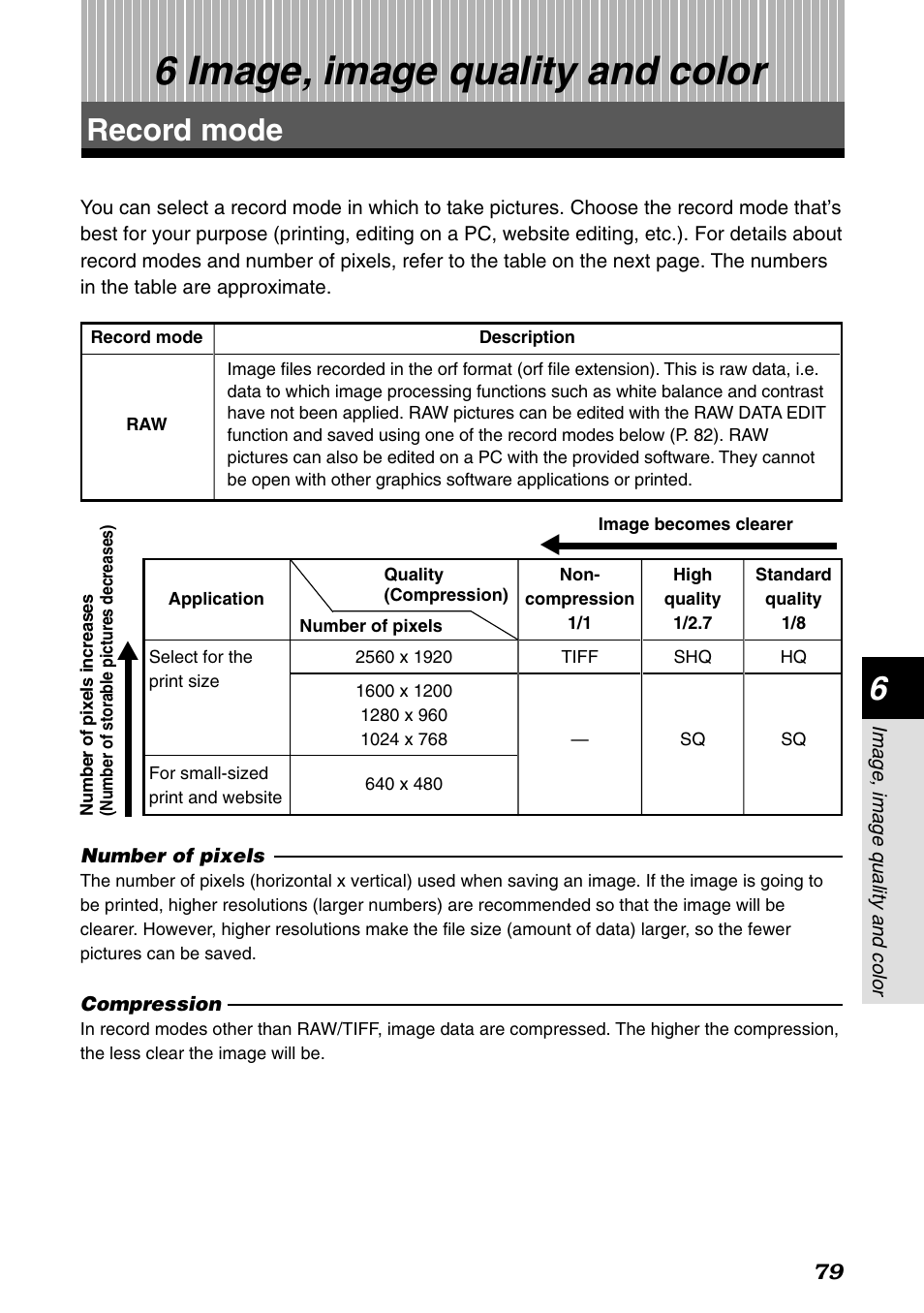 6 image, image quality and color, Record mode, Image, image quality | P. 79, And color | Olympus E-1 User Manual | Page 79 / 182