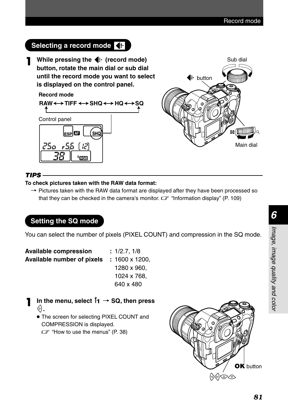 Selecting a record mode, Setting the sq mode | Olympus E-1 User Manual | Page 81 / 182