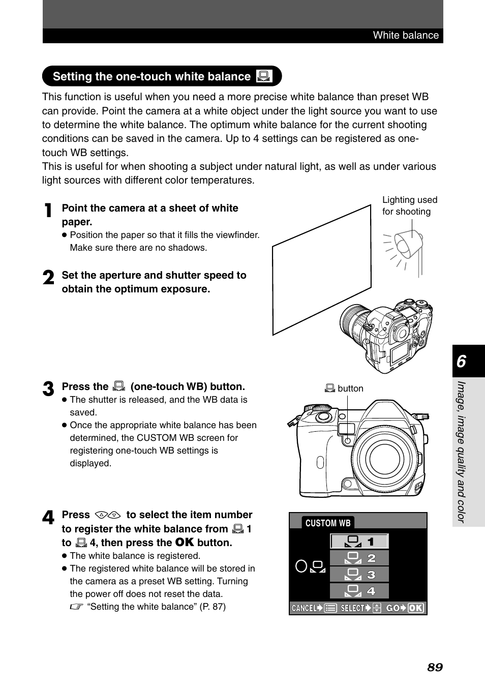 Setting the one-touch white balance | Olympus E-1 User Manual | Page 89 / 182