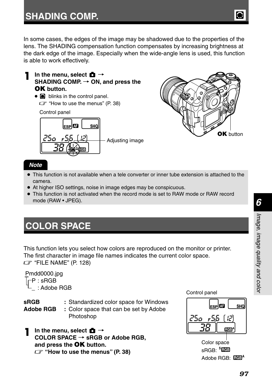 Shading comp, Color space | Olympus E-1 User Manual | Page 97 / 182