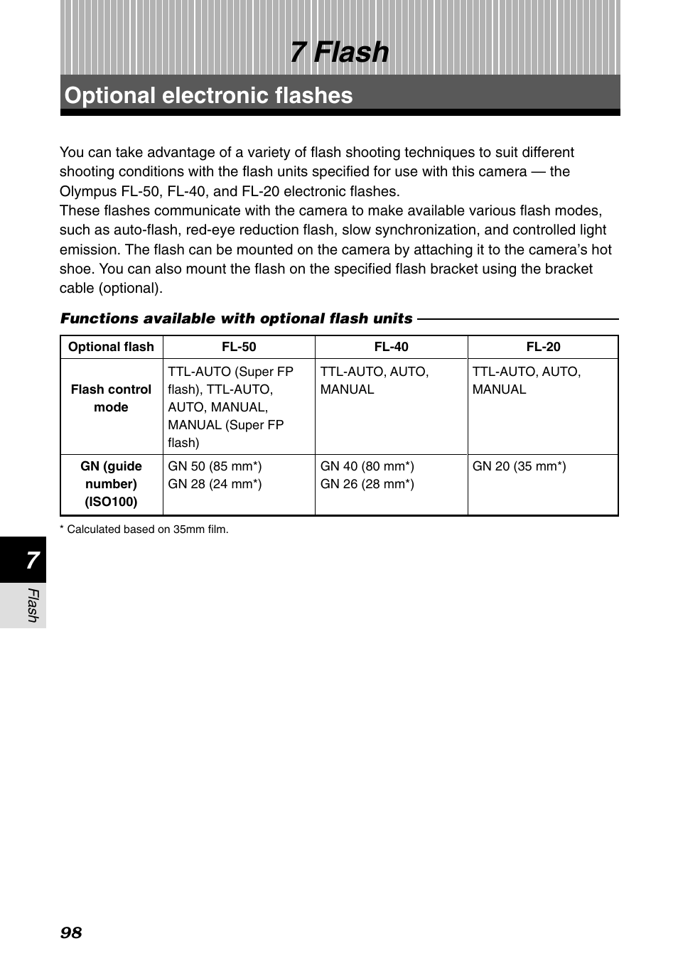 7 flash, Optional electronic flashes, Flash | P. 98 | Olympus E-1 User Manual | Page 98 / 182