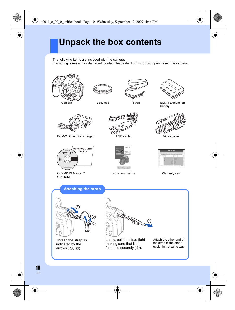 Unpack the box contents | Olympus E-3 User Manual | Page 10 / 156