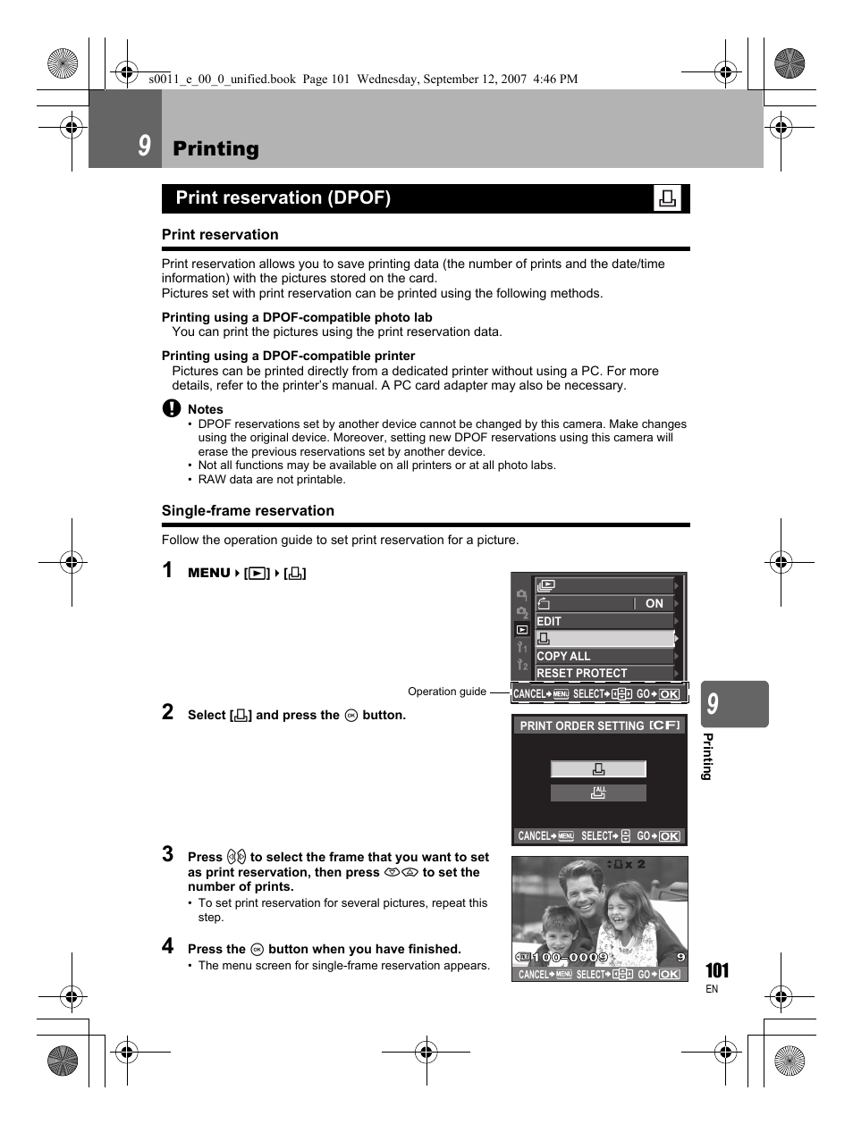 Printing, Print reservation (dpof) | Olympus E-3 User Manual | Page 101 / 156