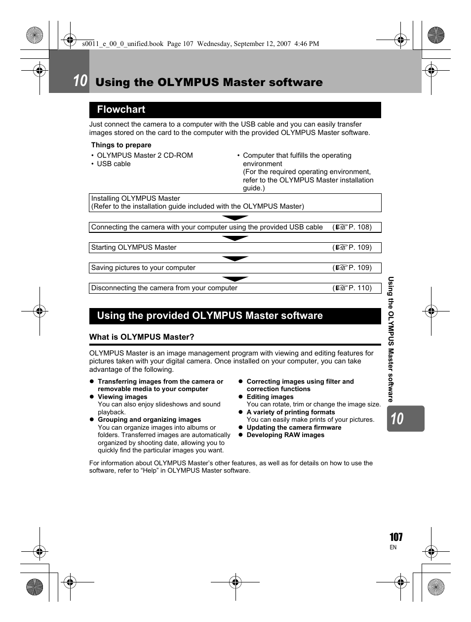 Using the olympus master software, Flowchart, Using the provided olympus master software | Olympus E-3 User Manual | Page 107 / 156