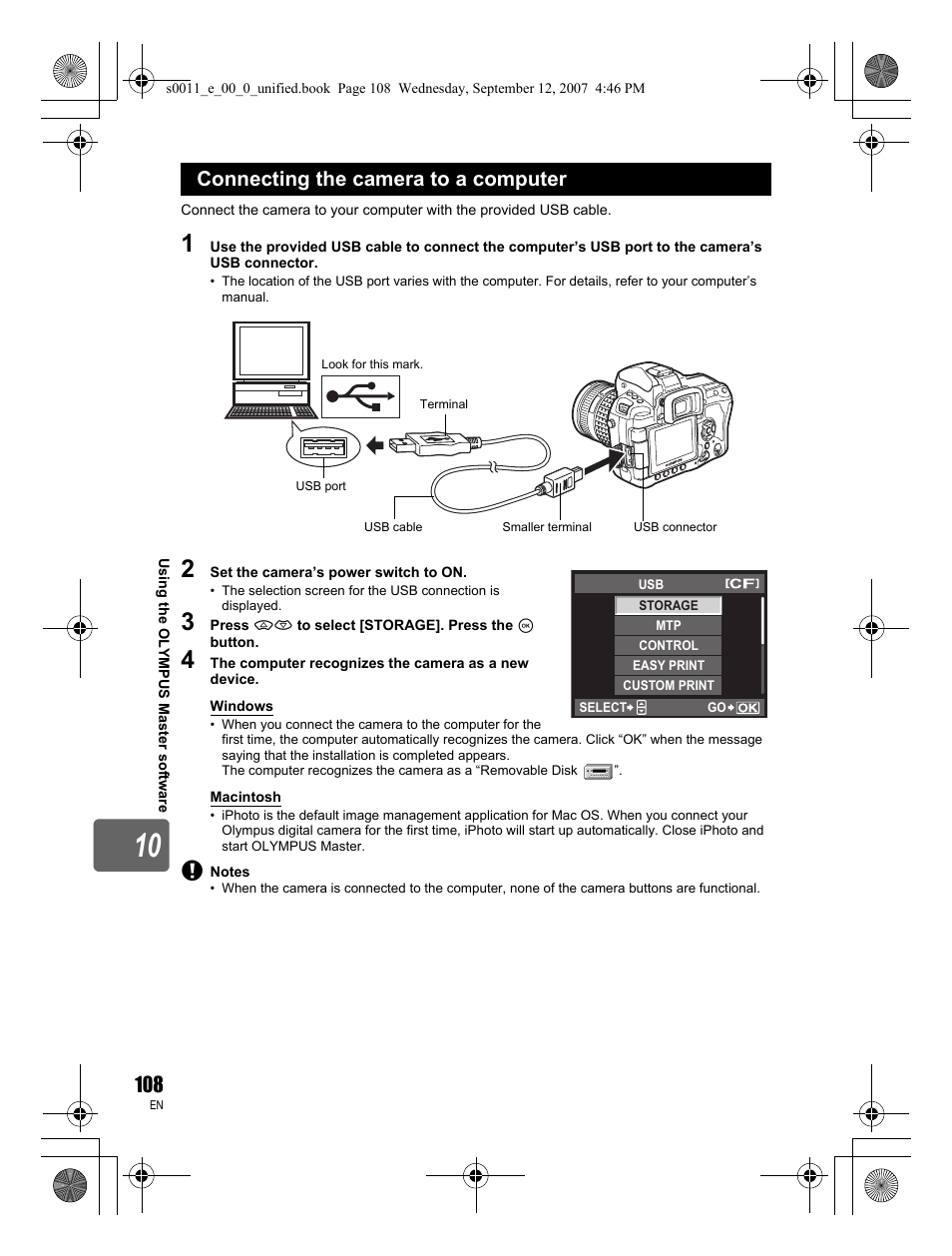 Connecting the camera to a computer | Olympus E-3 User Manual | Page 108 / 156