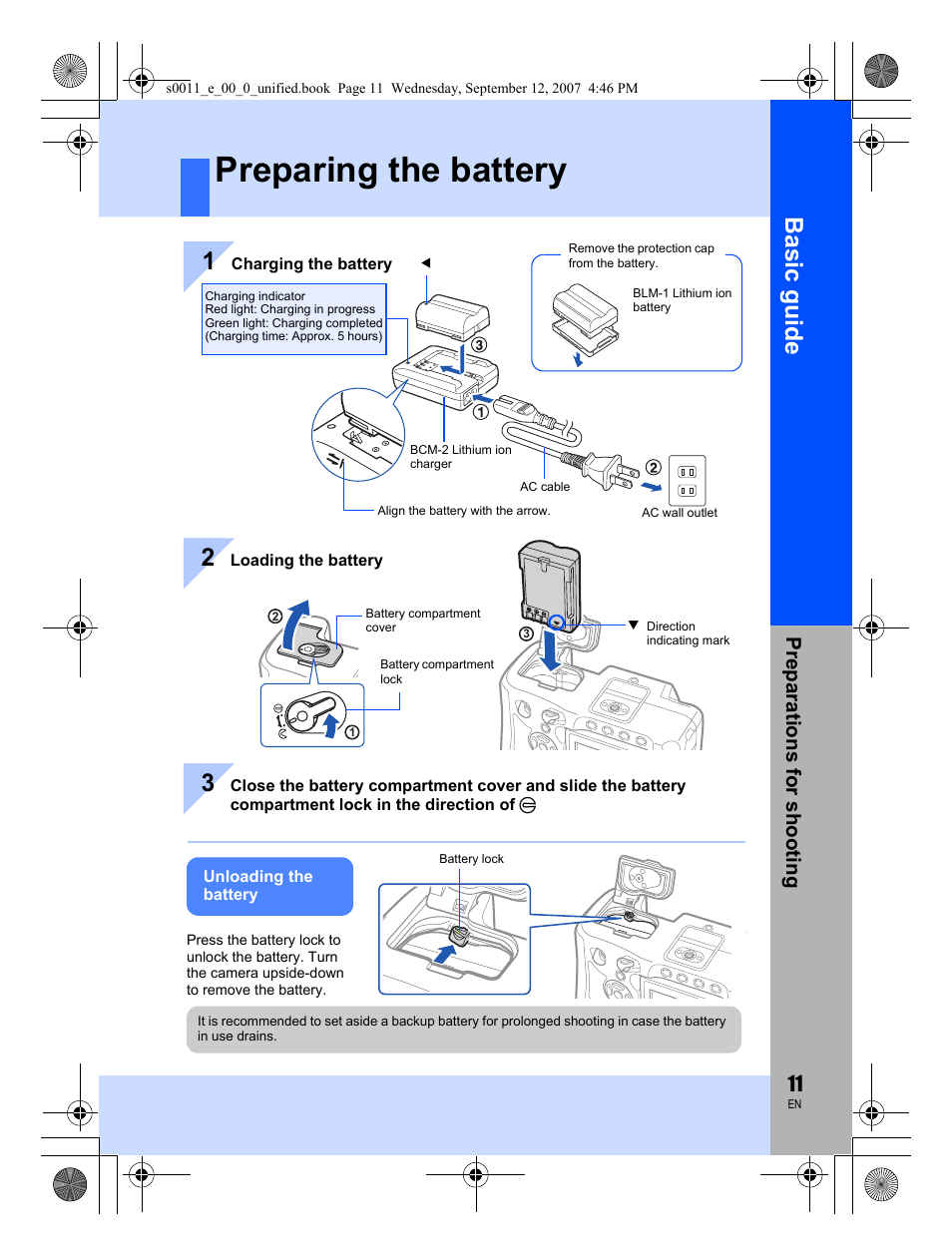 Preparing the battery, Basic guide, Preparat ions for shooting | Olympus E-3 User Manual | Page 11 / 156