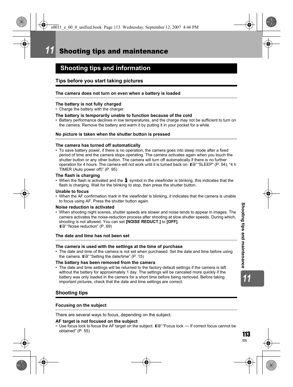 Shooting tips and maintenance, Shooting tips and information | Olympus E-3 User Manual | Page 113 / 156