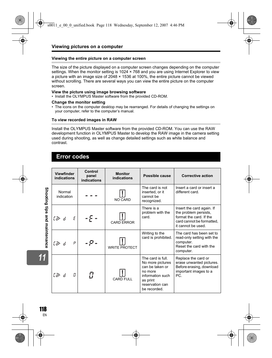 Error codes | Olympus E-3 User Manual | Page 118 / 156