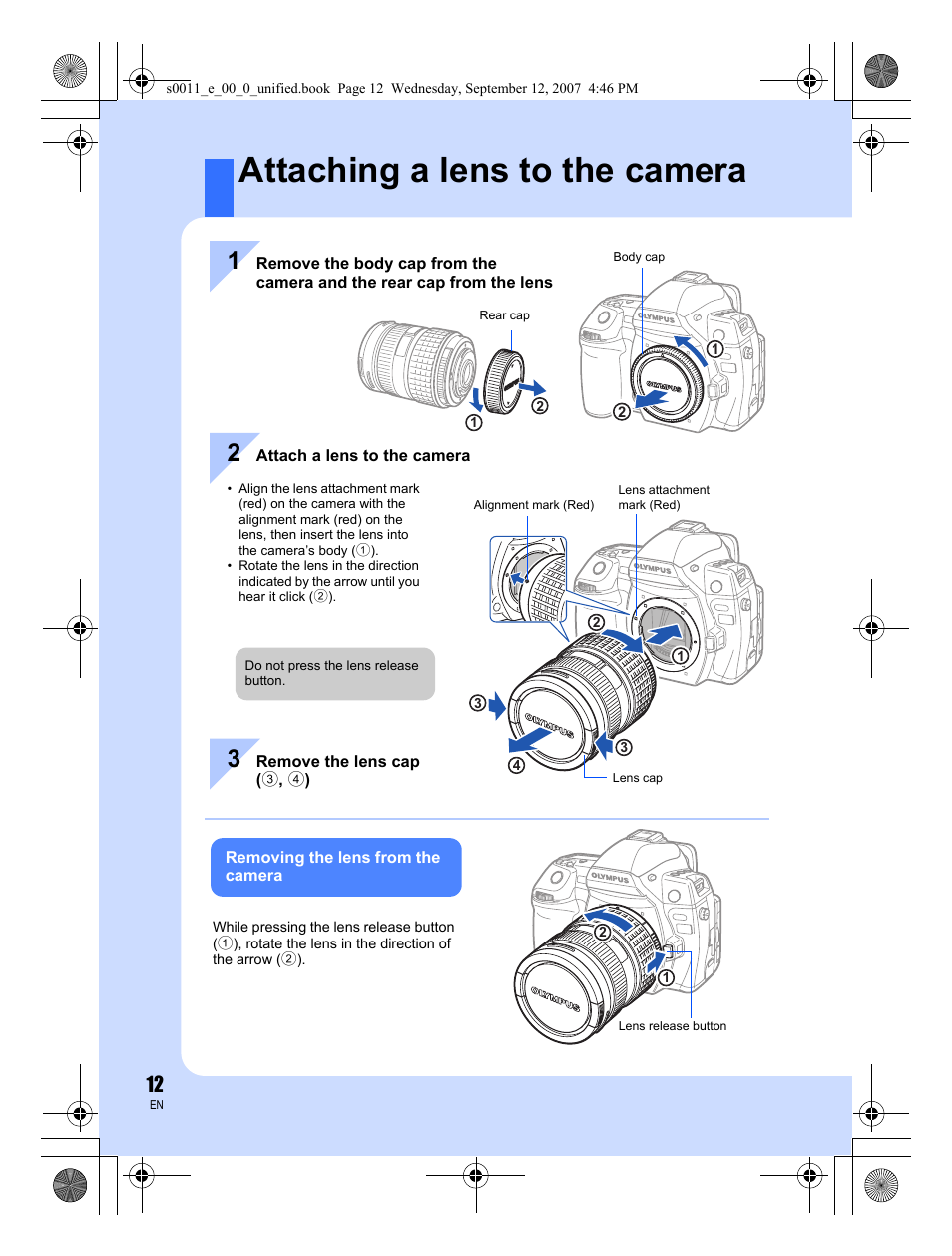Attaching a lens to the camera | Olympus E-3 User Manual | Page 12 / 156