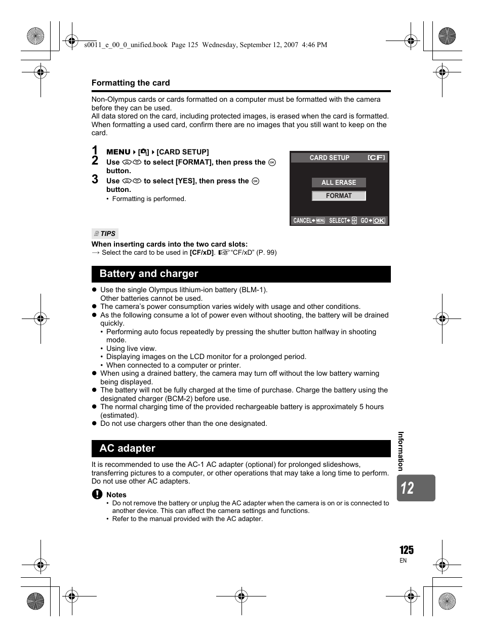 Battery and charger ac adapter | Olympus E-3 User Manual | Page 125 / 156