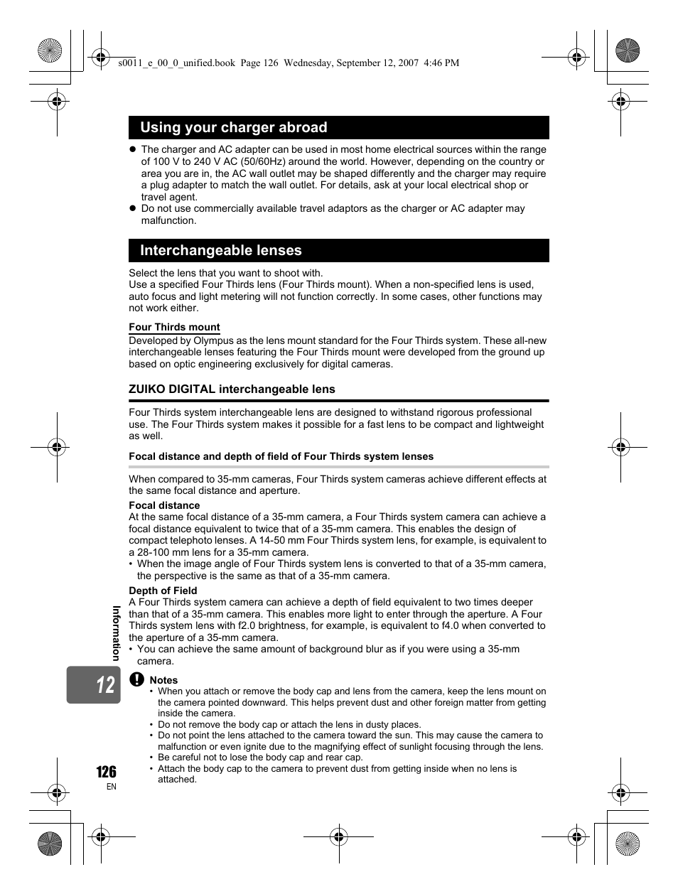 Using your charger abroad interchangeable lenses | Olympus E-3 User Manual | Page 126 / 156