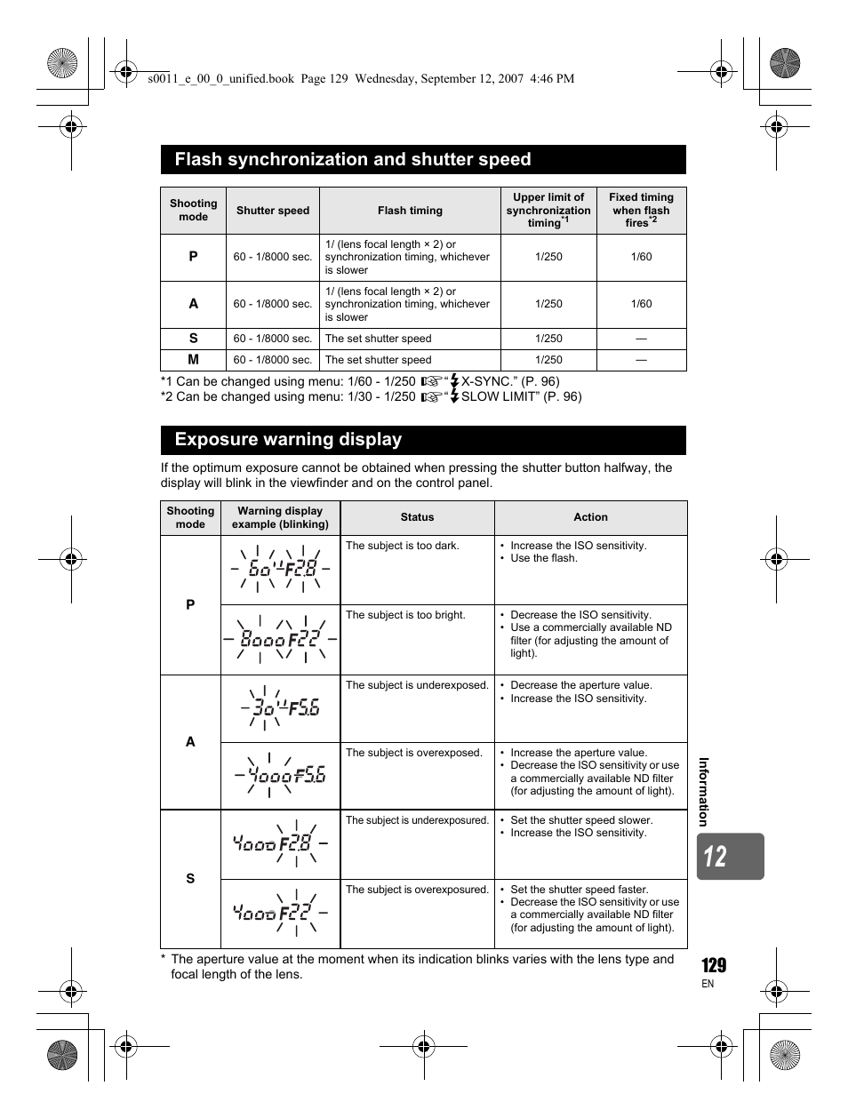 Flash synchronization and shutter speed, Exposure warning display | Olympus E-3 User Manual | Page 129 / 156