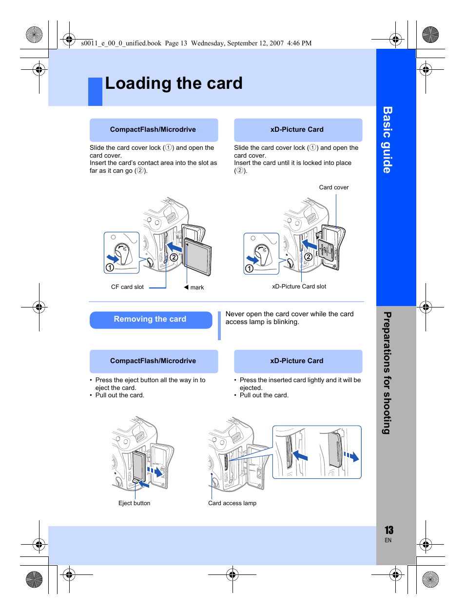 Loading the card, Basic guide, Preparat ions for shooting | Olympus E-3 User Manual | Page 13 / 156