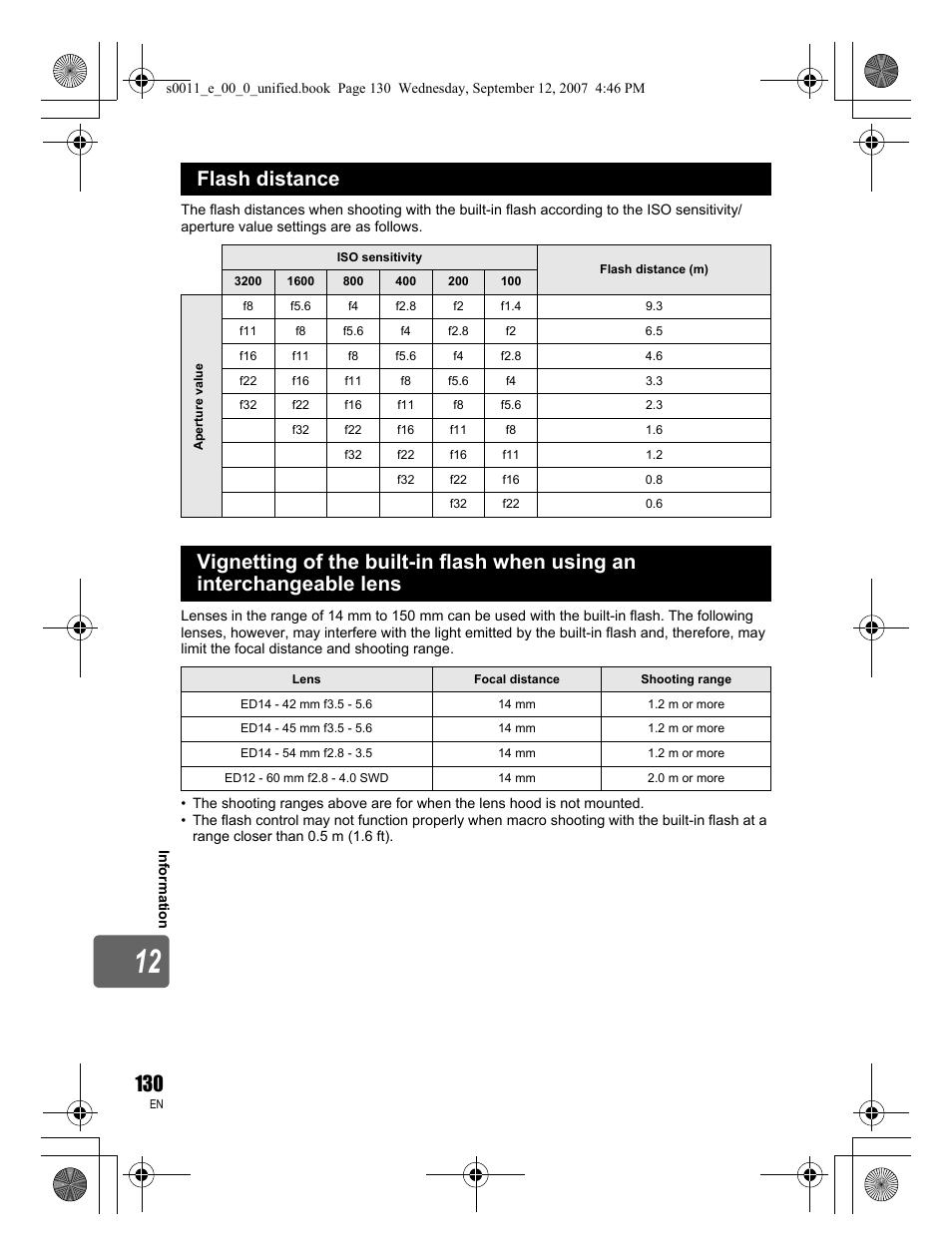 Flash distance | Olympus E-3 User Manual | Page 130 / 156