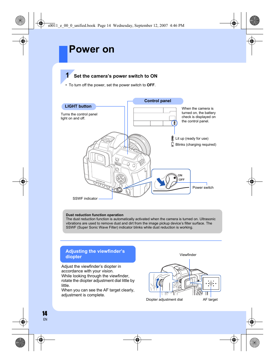 Power on | Olympus E-3 User Manual | Page 14 / 156