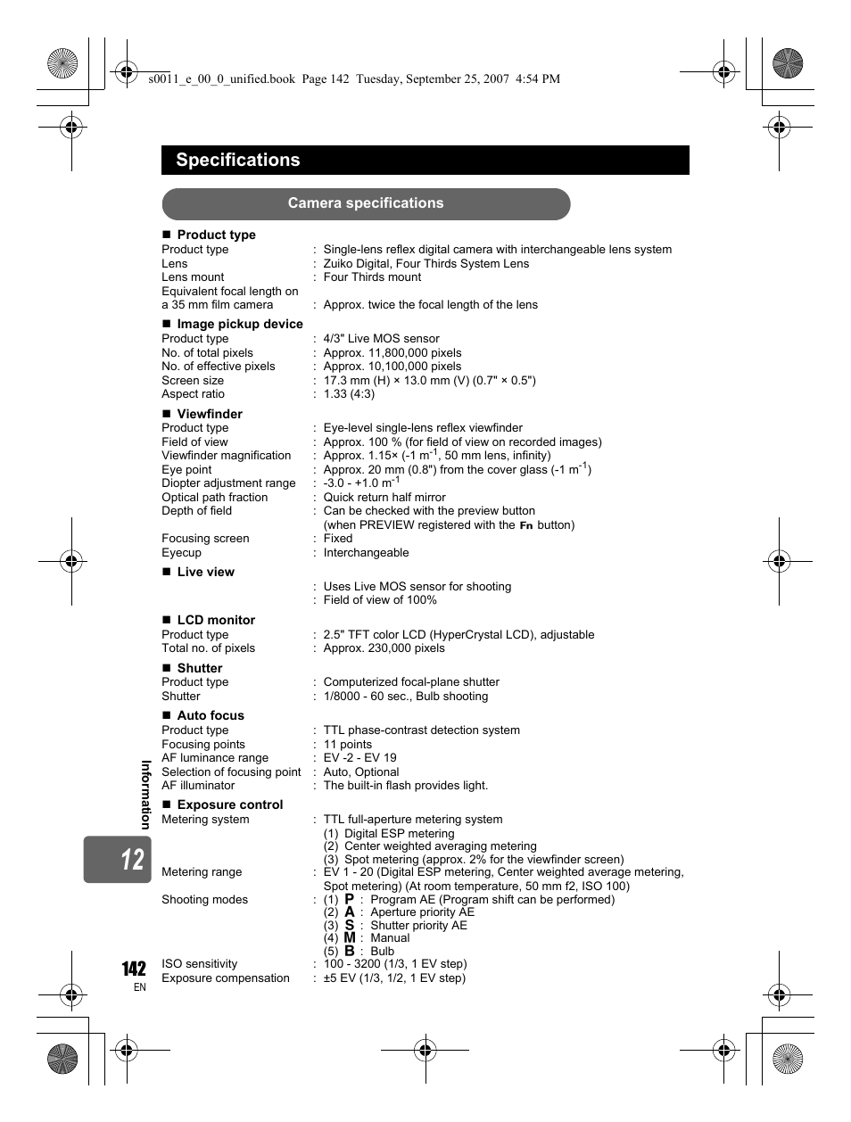 Specifications | Olympus E-3 User Manual | Page 142 / 156