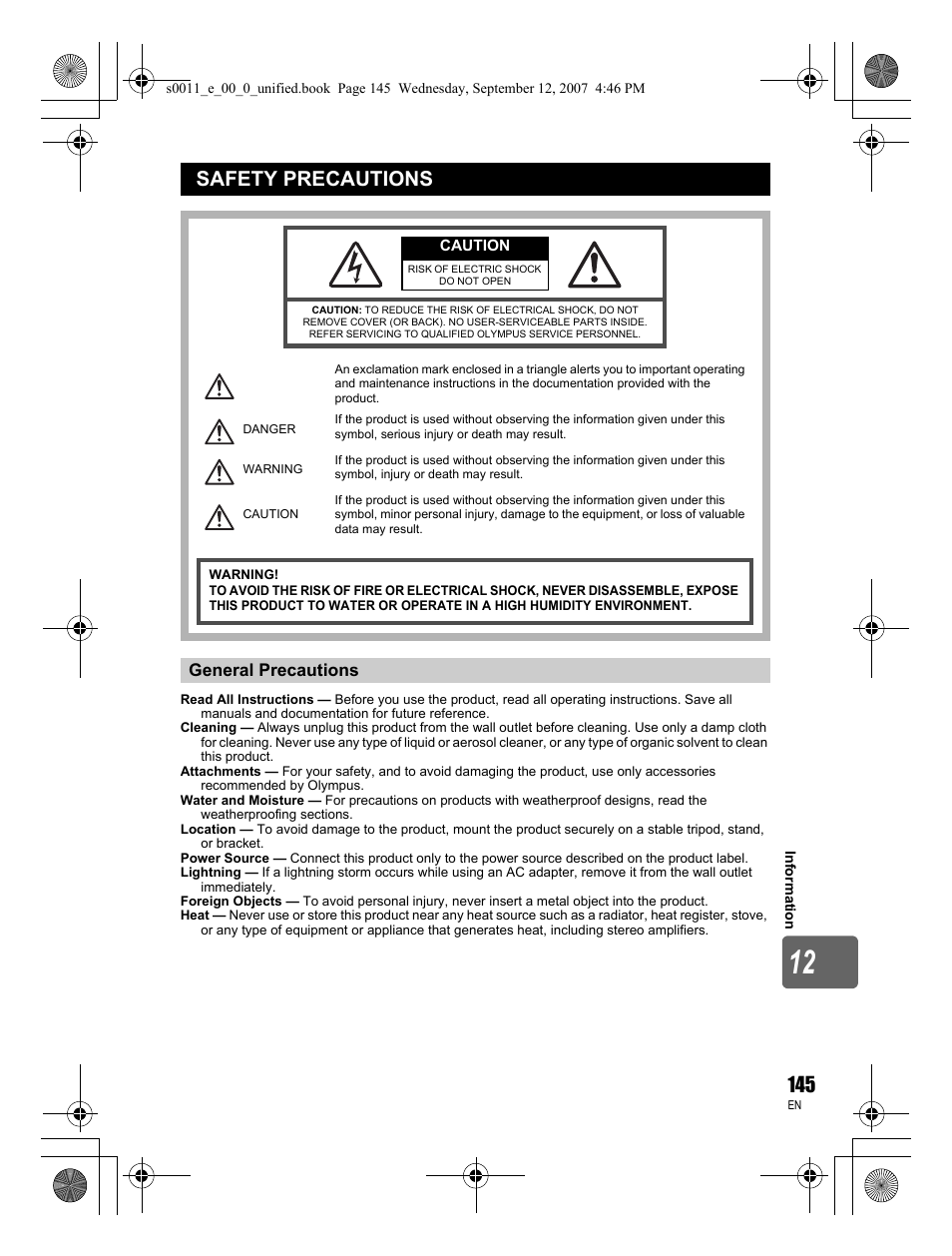 Safety precautions, General precautions | Olympus E-3 User Manual | Page 145 / 156