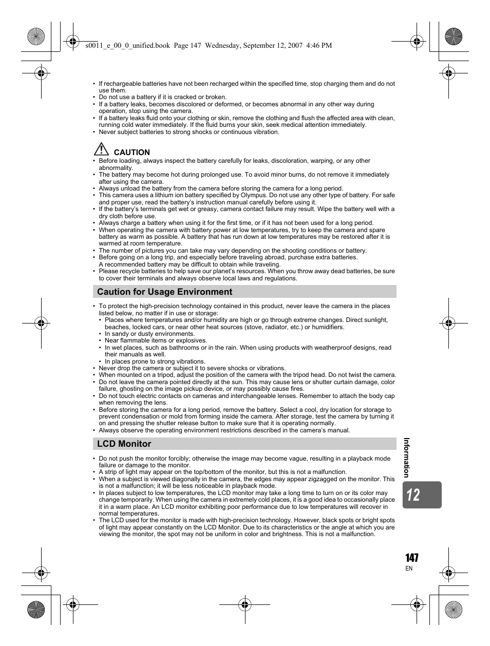 Caution for usage environment lcd monitor | Olympus E-3 User Manual | Page 147 / 156