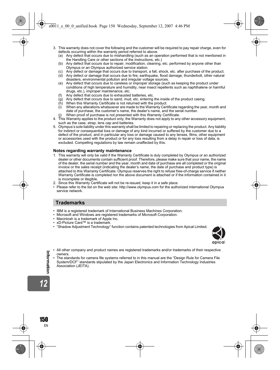 Trademarks | Olympus E-3 User Manual | Page 150 / 156