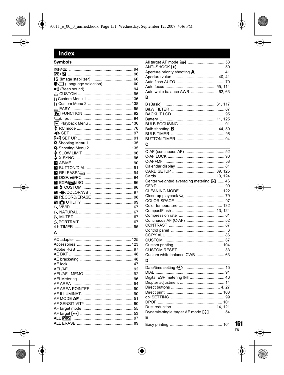 Index | Olympus E-3 User Manual | Page 151 / 156