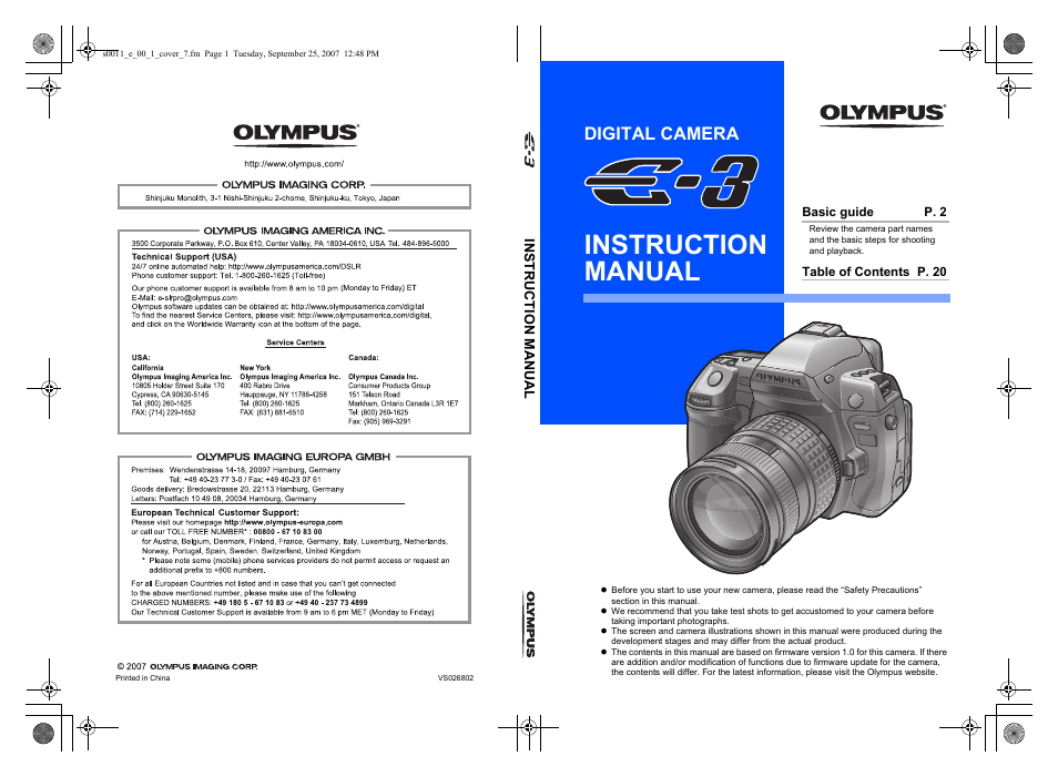 Digital camera, Instruction manual, Basic guide p. 2 | Table of contents p. 20 | Olympus E-3 User Manual | Page 156 / 156