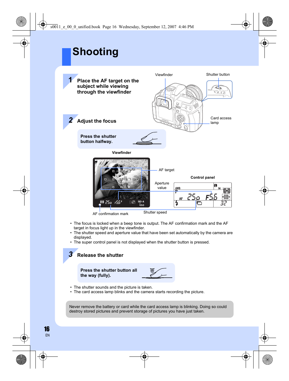 Shooting | Olympus E-3 User Manual | Page 16 / 156