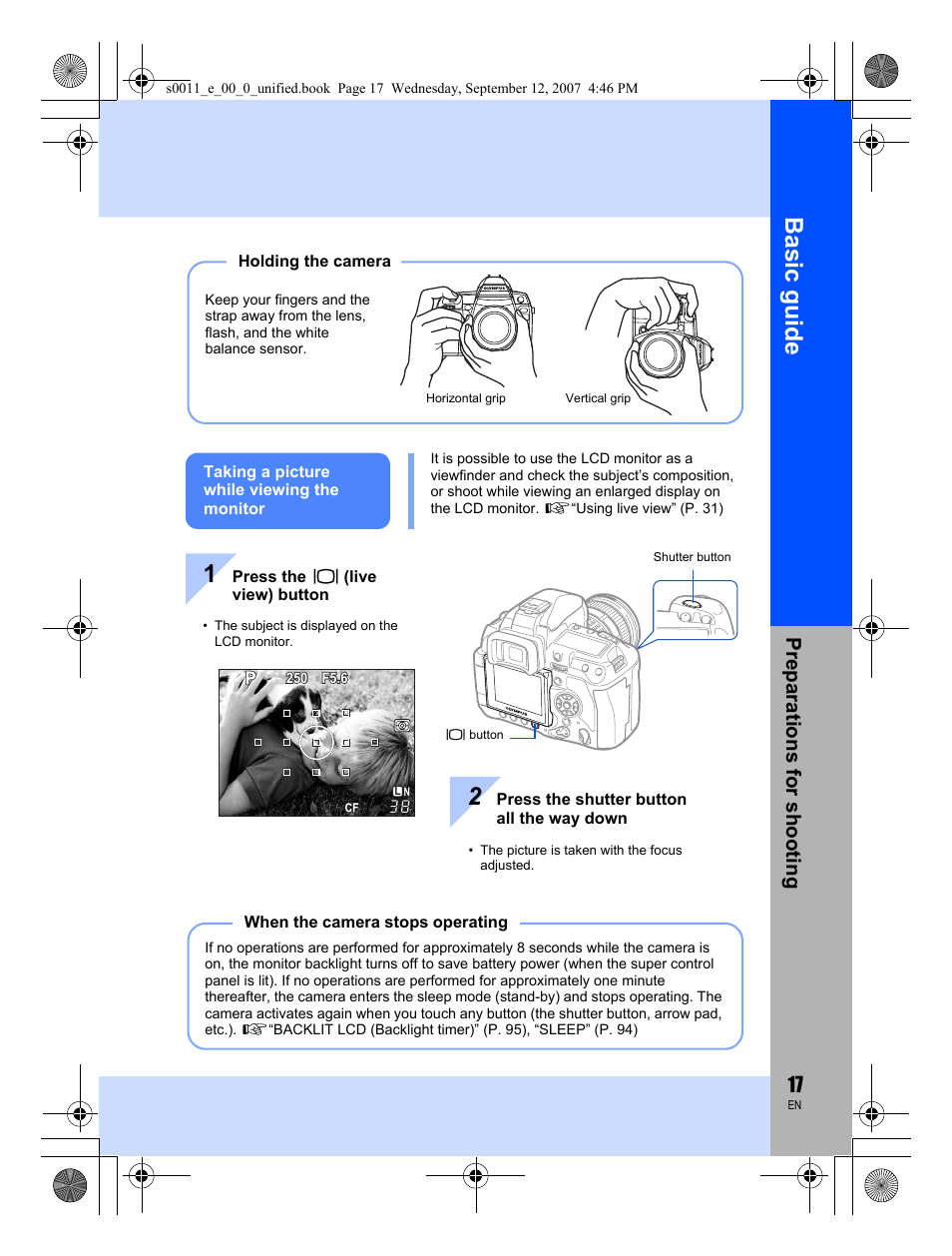 Basic guide, Preparat ions for shooting | Olympus E-3 User Manual | Page 17 / 156