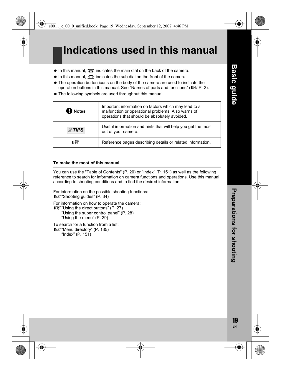 Indications used in this manual, Basic guide, Preparat ions for shooting | Olympus E-3 User Manual | Page 19 / 156