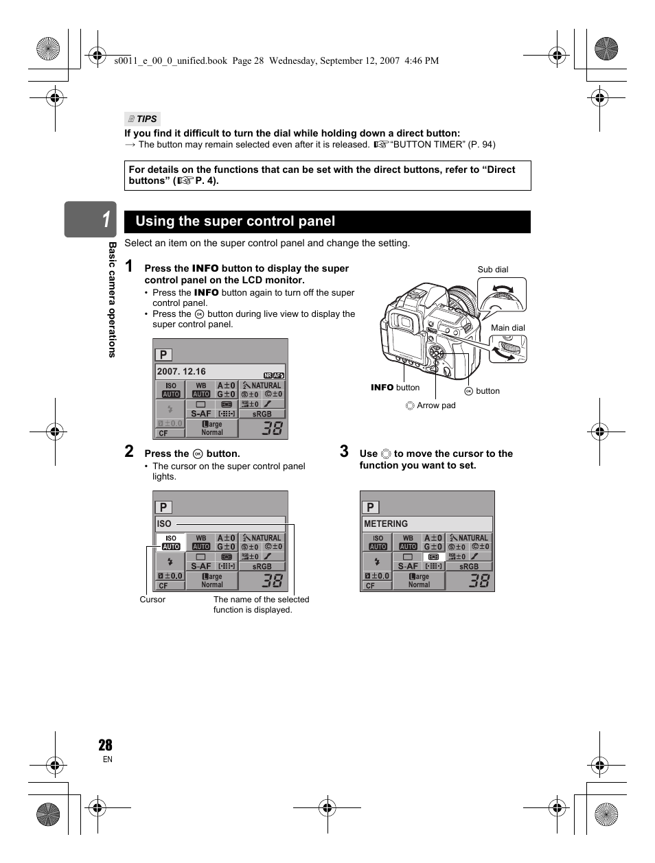 Using the super control panel | Olympus E-3 User Manual | Page 28 / 156