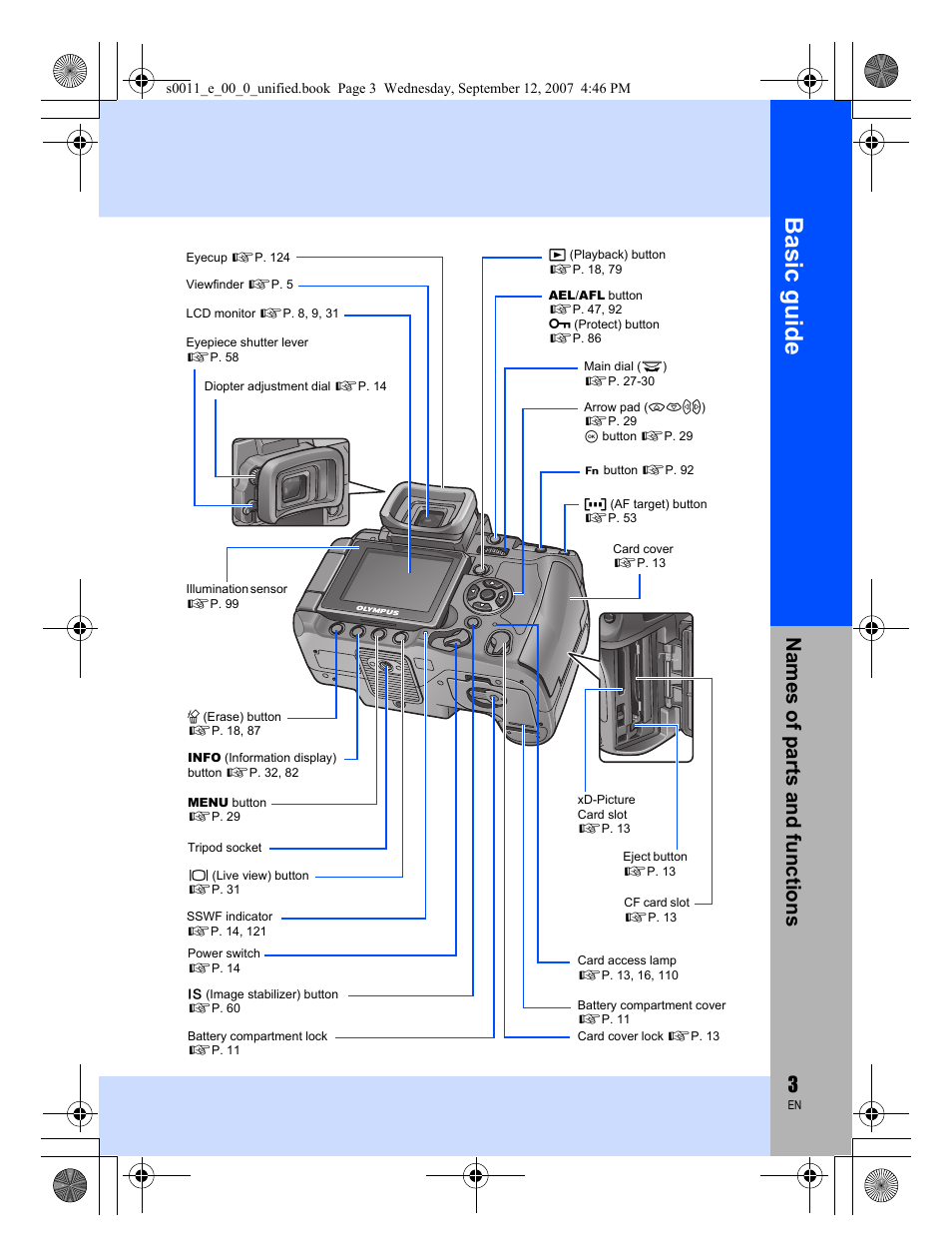 Basic guide, Names of parts and functions | Olympus E-3 User Manual | Page 3 / 156