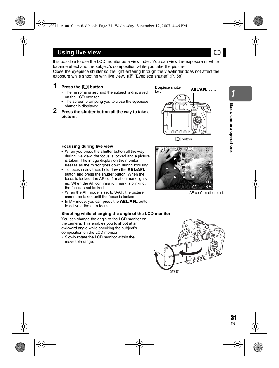 Using live view | Olympus E-3 User Manual | Page 31 / 156