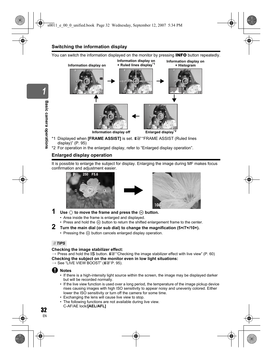 Switching the information display, Enlarged display operation | Olympus E-3 User Manual | Page 32 / 156