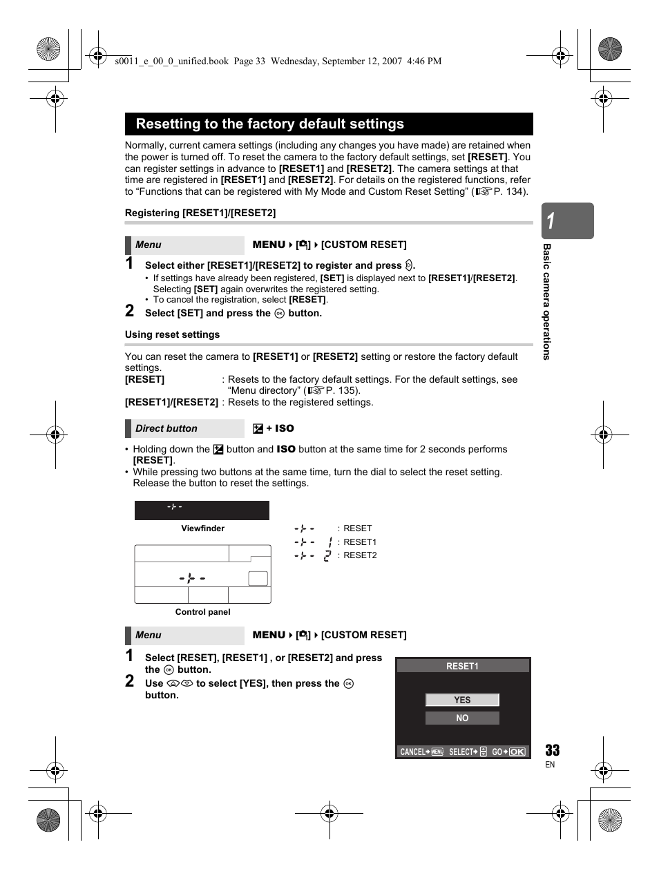 Resetting to the factory default settings | Olympus E-3 User Manual | Page 33 / 156