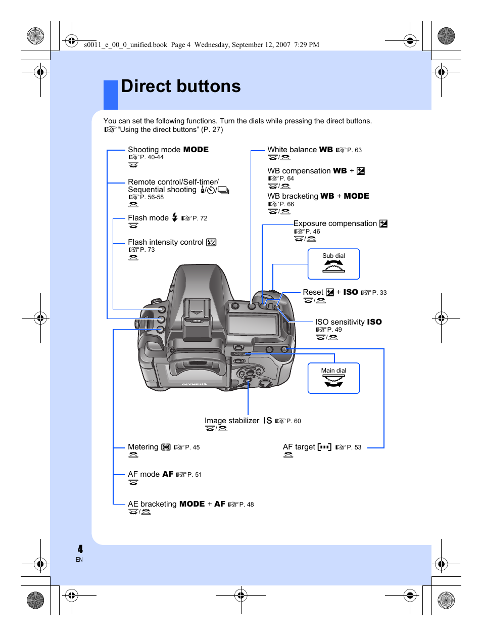 Direct buttons | Olympus E-3 User Manual | Page 4 / 156