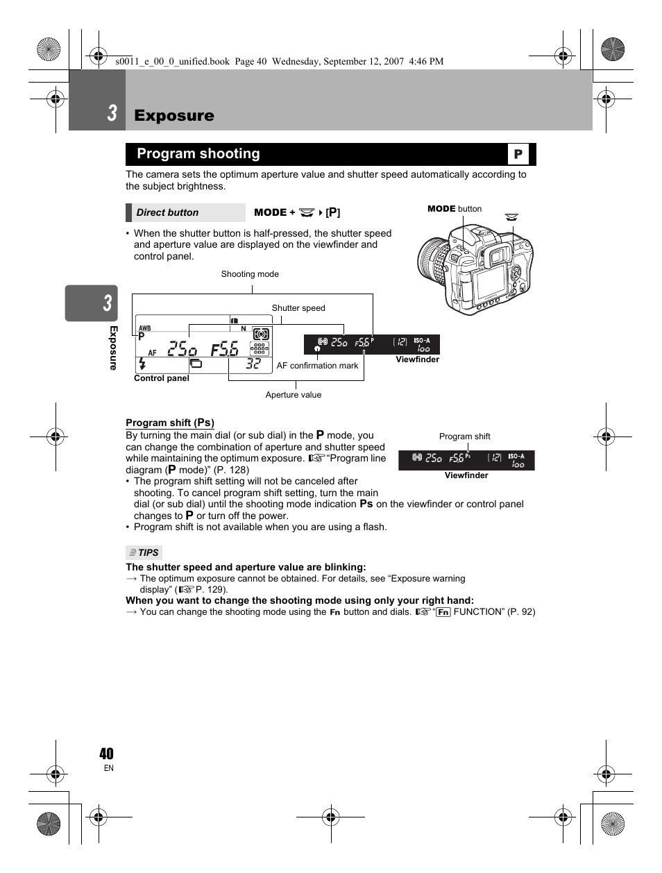 Exposure, Program shooting | Olympus E-3 User Manual | Page 40 / 156