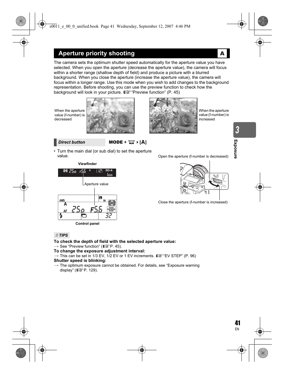 Aperture priority shooting | Olympus E-3 User Manual | Page 41 / 156