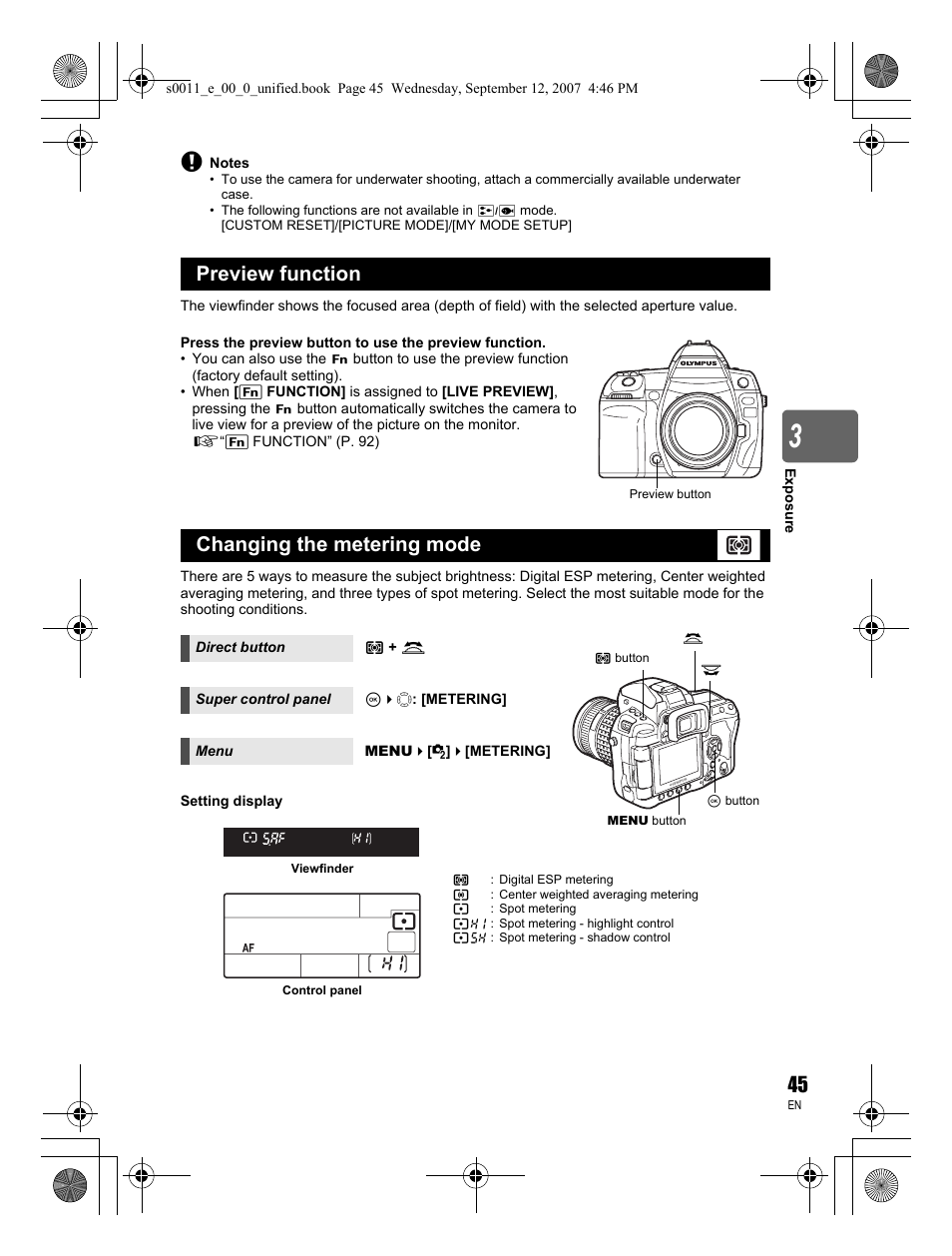 Preview function changing the metering mode | Olympus E-3 User Manual | Page 45 / 156