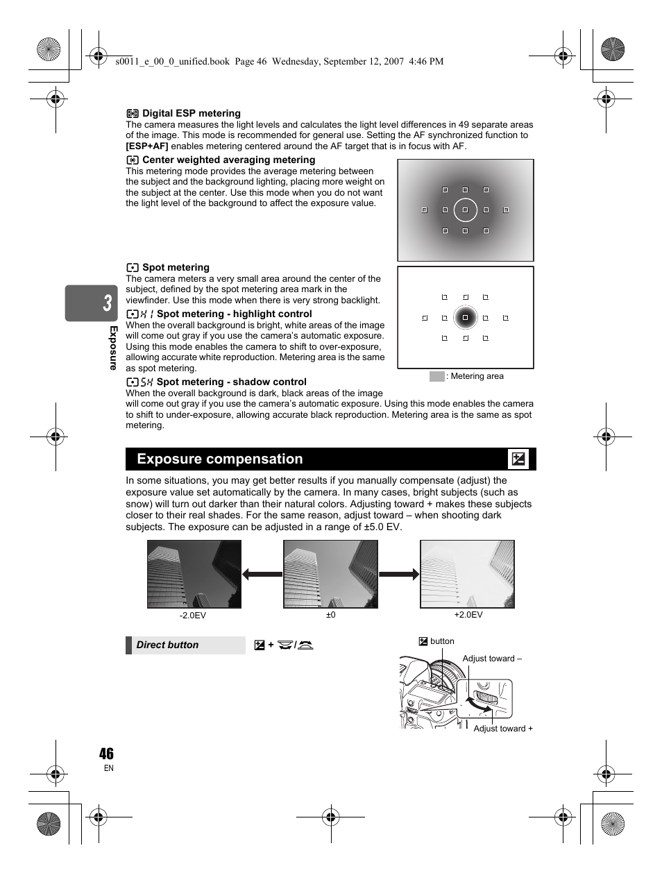 Exposure compensation | Olympus E-3 User Manual | Page 46 / 156