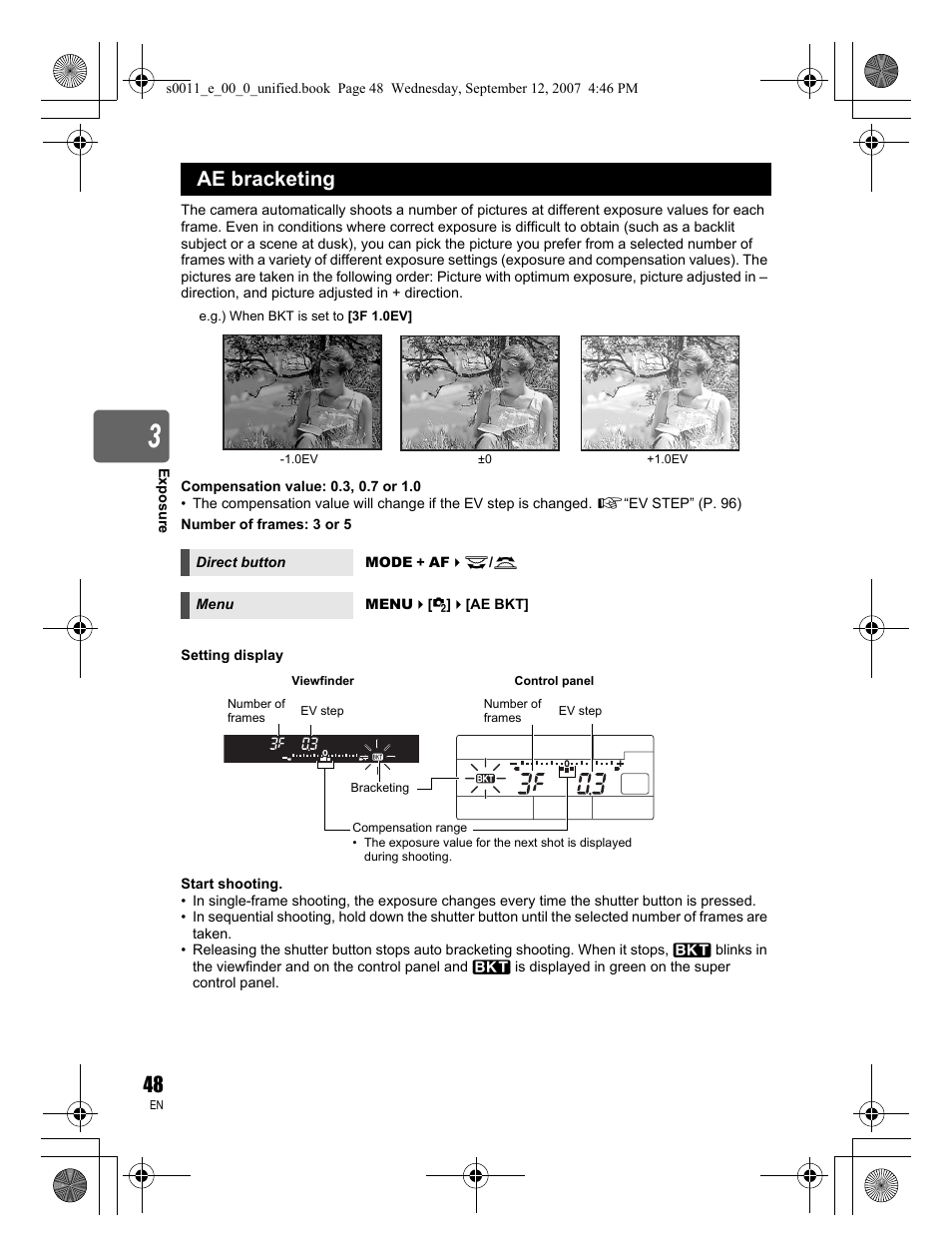 Ae bracketing | Olympus E-3 User Manual | Page 48 / 156