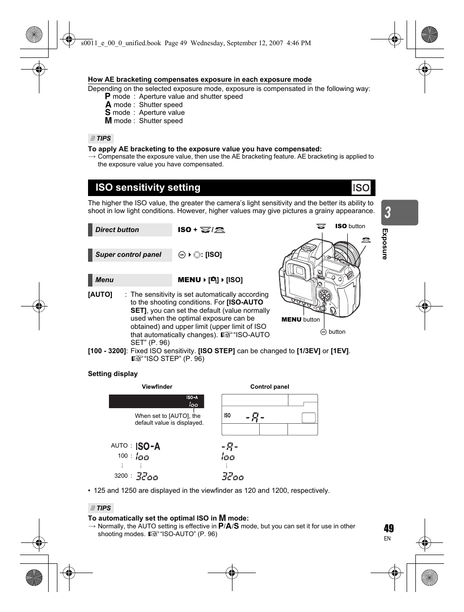 Iso sensitivity setting | Olympus E-3 User Manual | Page 49 / 156