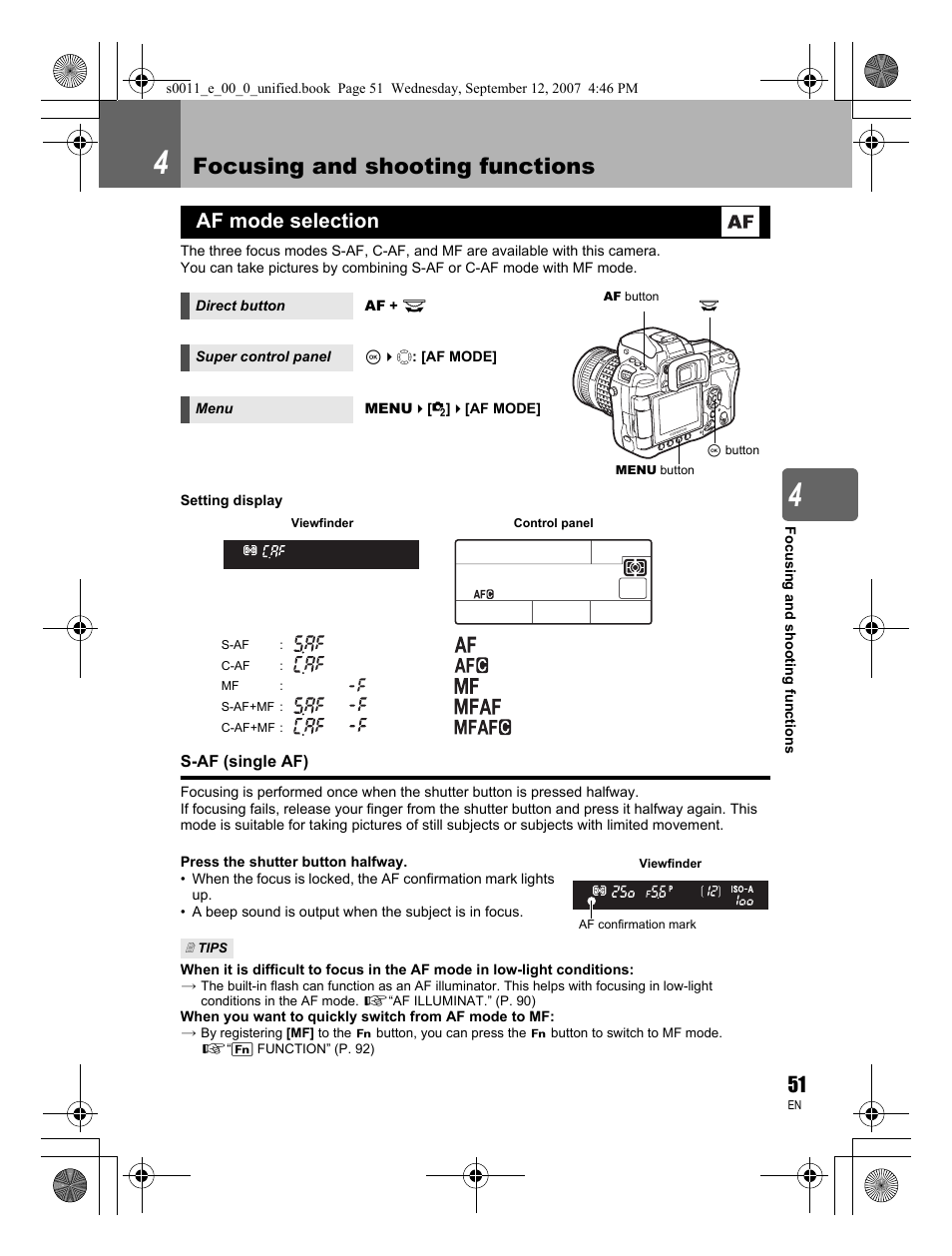 Focusing and shooting functions, Af mode selection | Olympus E-3 User Manual | Page 51 / 156