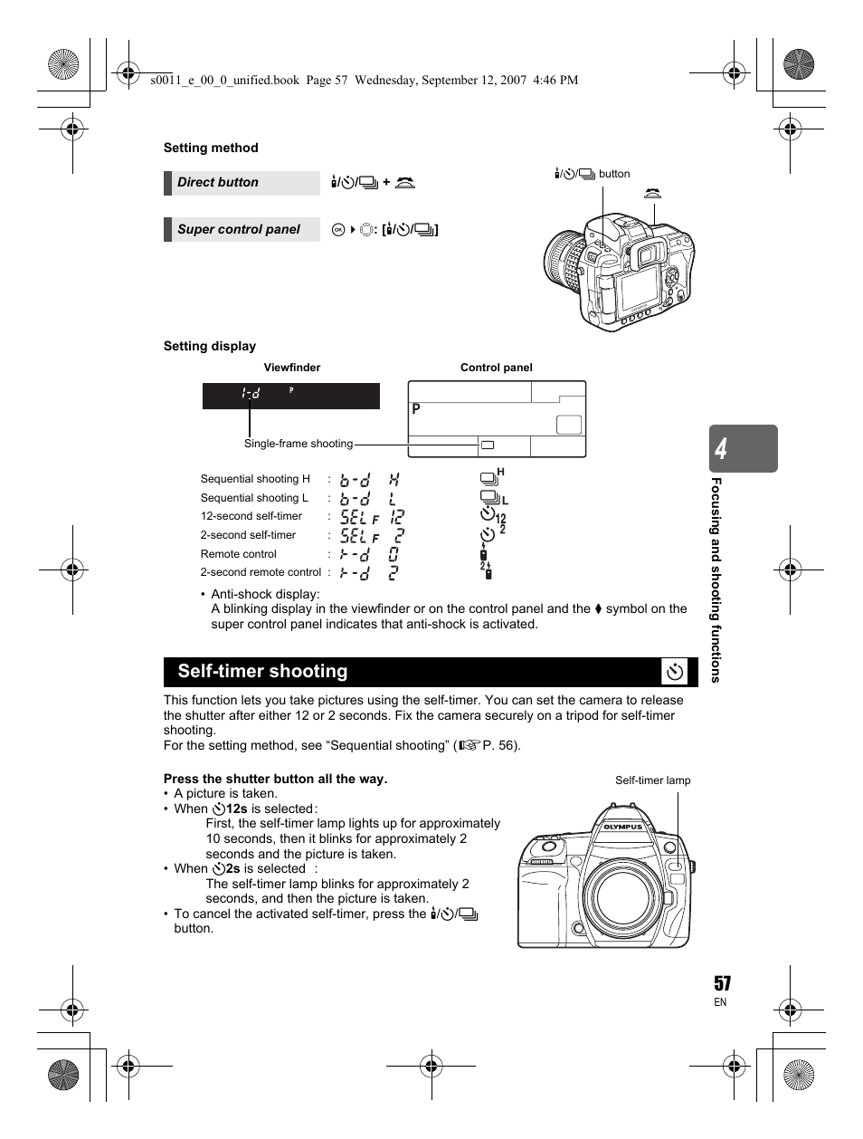 Self-timer shooting | Olympus E-3 User Manual | Page 57 / 156